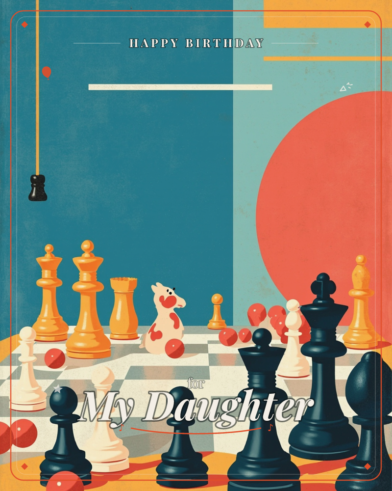 A checkered chessboard is crowded with oversized black, cream and orange chess pieces, while a small round white creature with red heart-shaped spots…, a birthday e-card design