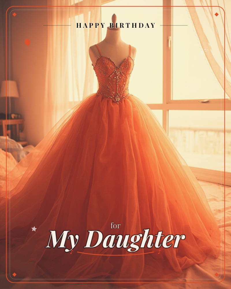A dressmaker's mannequin stands before a sunlit window, wearing an elaborate orange ball gown with a beaded, jeweled bodice and a voluminous tulle…, a birthday e-card design