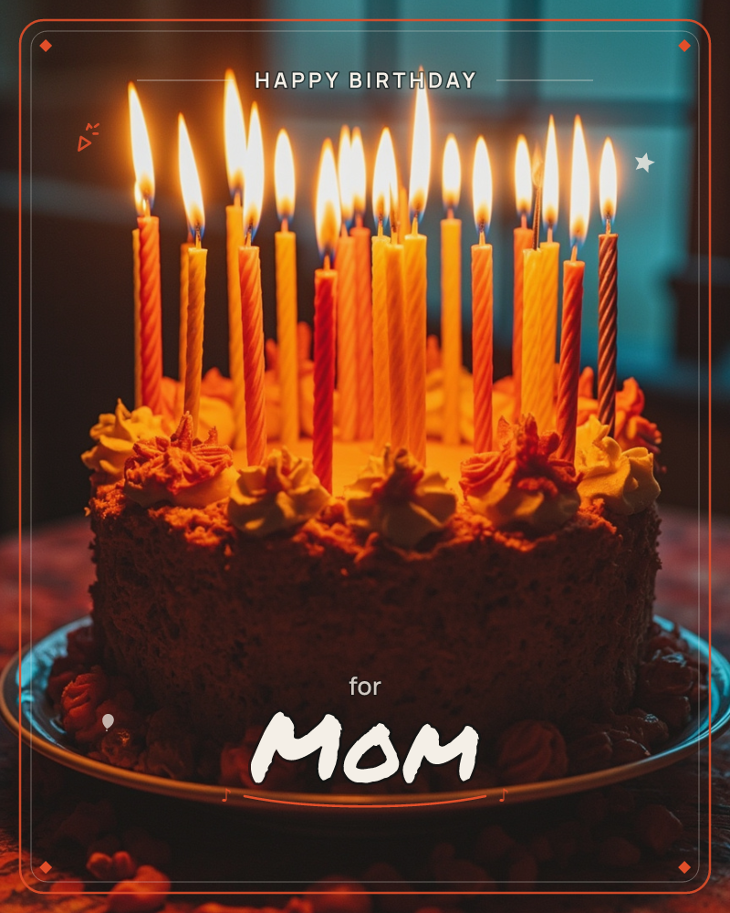 A close-up of a birthday cake crowded with a tall forest of striped candles, their flames glowing bright against a dim room, a birthday e-card design