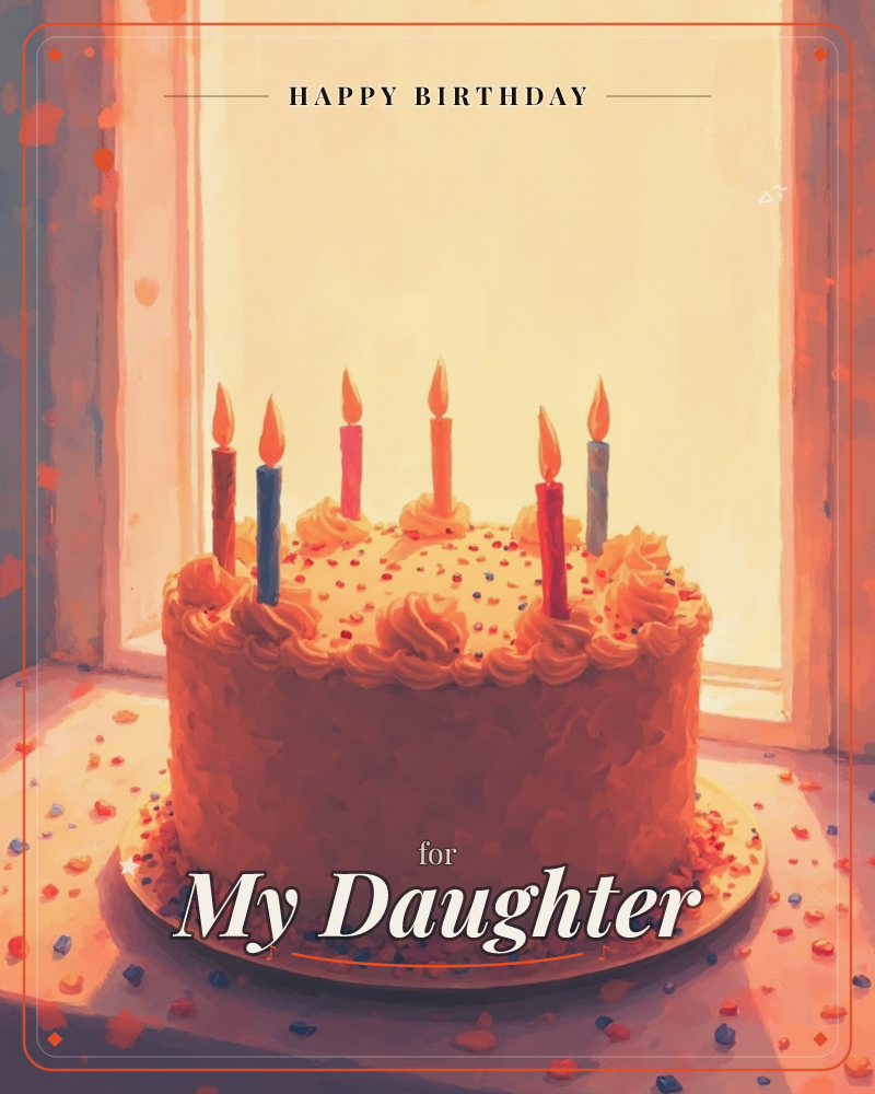 A frosted birthday cake sits on a windowsill, six lit candles glowing against warm golden light streaming through the glass, a birthday e-card design