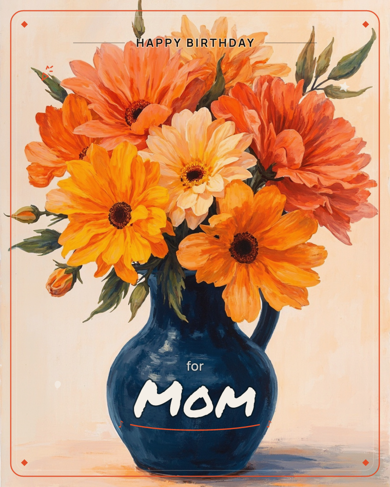 A rounded navy pitcher holds a generous bouquet of orange, marigold, and cream blooms with soft green leaves and unopened buds, a birthday e-card design
