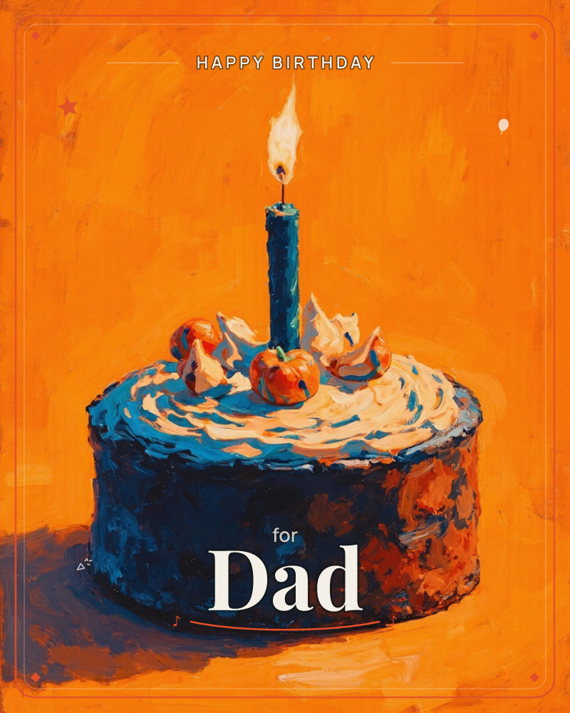 A single tall candle burns atop a dark iced cake, its flame the brightest point against a bold field of orange, a birthday e-card design