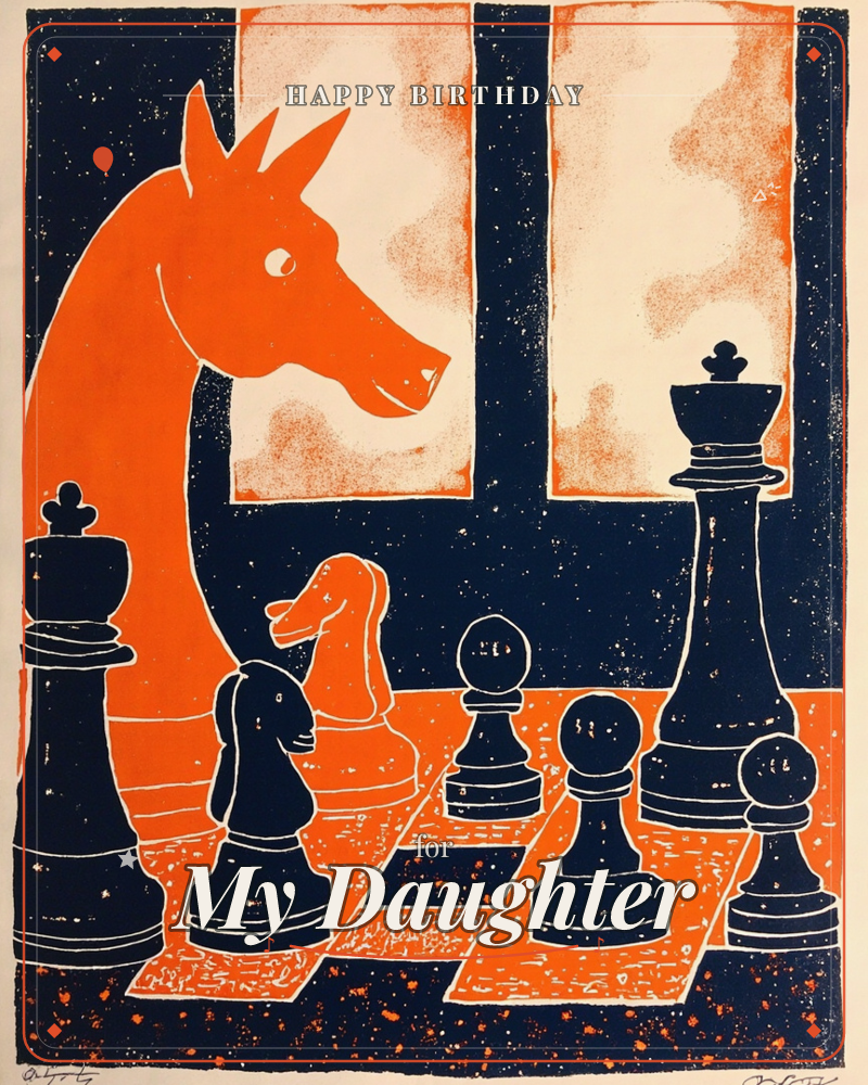 A giant orange knight piece bends its long neck down among navy chess pieces scattered across a checkered board, with a speckled starry sky and a pair…, a birthday e-card design