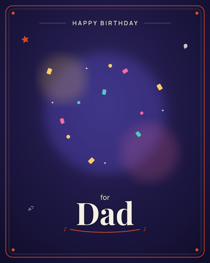 A deep indigo night sky glows with soft blurred orbs of amber and plum light, scattered with tiny confetti-like shapes in gold, pink, and teal, a birthday e-card design by @DittyCityTeam