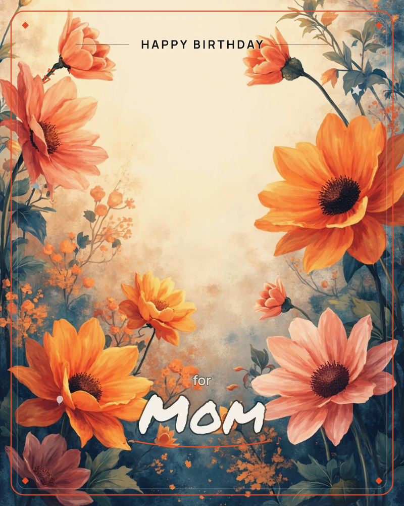 Large daisy-like blooms in orange, coral and pink frame a soft cream centre, their petals glowing against a hazy blue-green background, a birthday e-card design