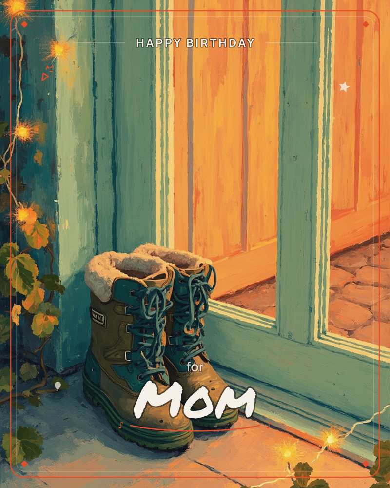 A pair of sherpa-lined boots sits on a doorstep beside a glowing orange door, string lights and ivy curling along the teal frame, a birthday e-card design