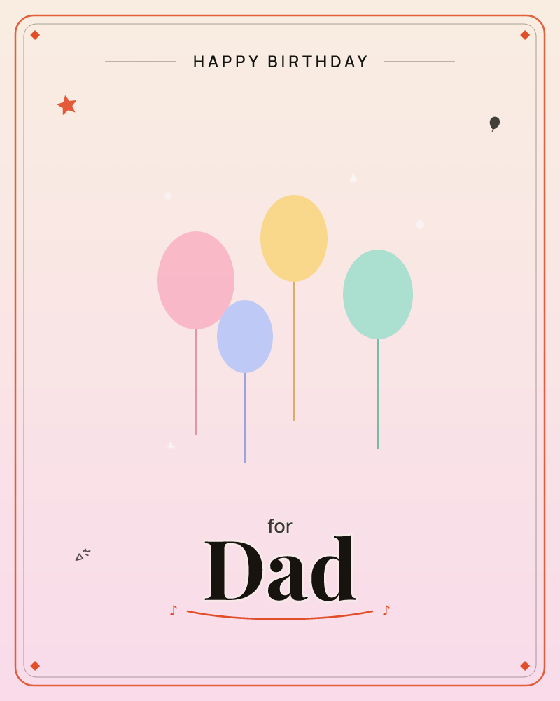 Four simple balloons in pink, lilac, yellow and mint float against a soft blush gradient that darkens gently at the edges, a birthday e-card design by @DittyCityTeam