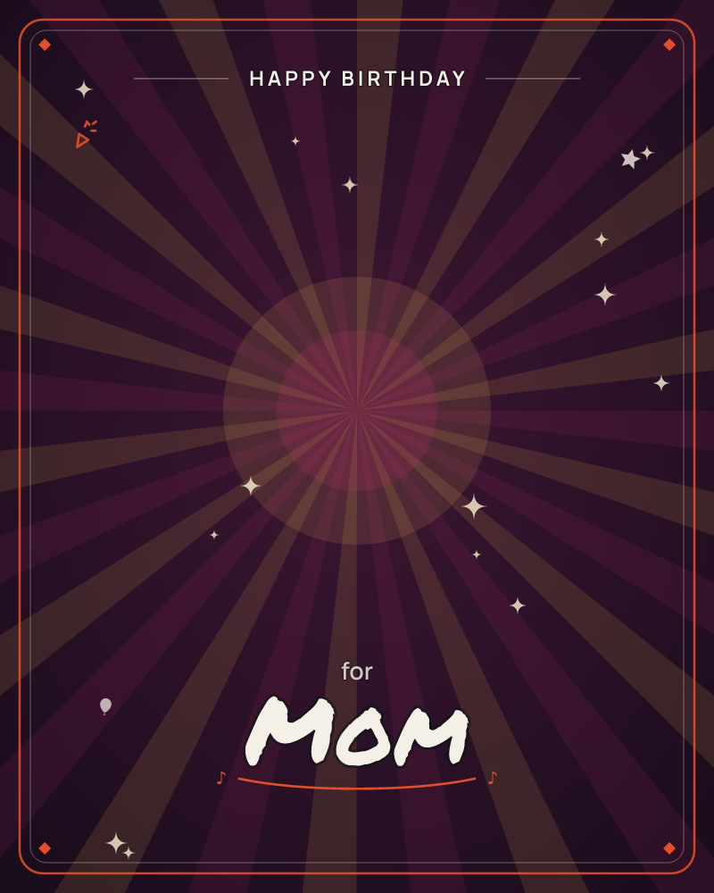 A radiant burst of deep plum and burnt-orange rays fans out from a glowing central circle, scattered with small sparkling stars fading into a…, a birthday e-card design by @DittyCityTeam