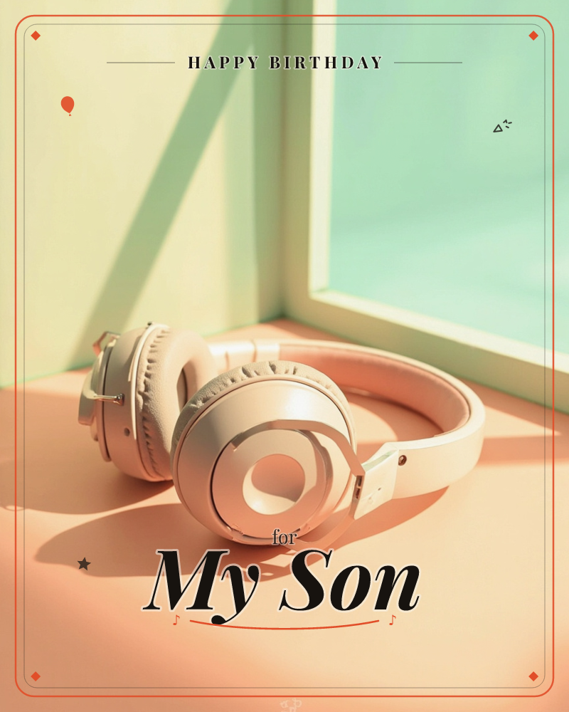 A pair of blush-pink over-ear headphones lies folded on a peach-toned surface, caught in a sharp diagonal beam of sunlight against a mint-green wall, a birthday e-card design