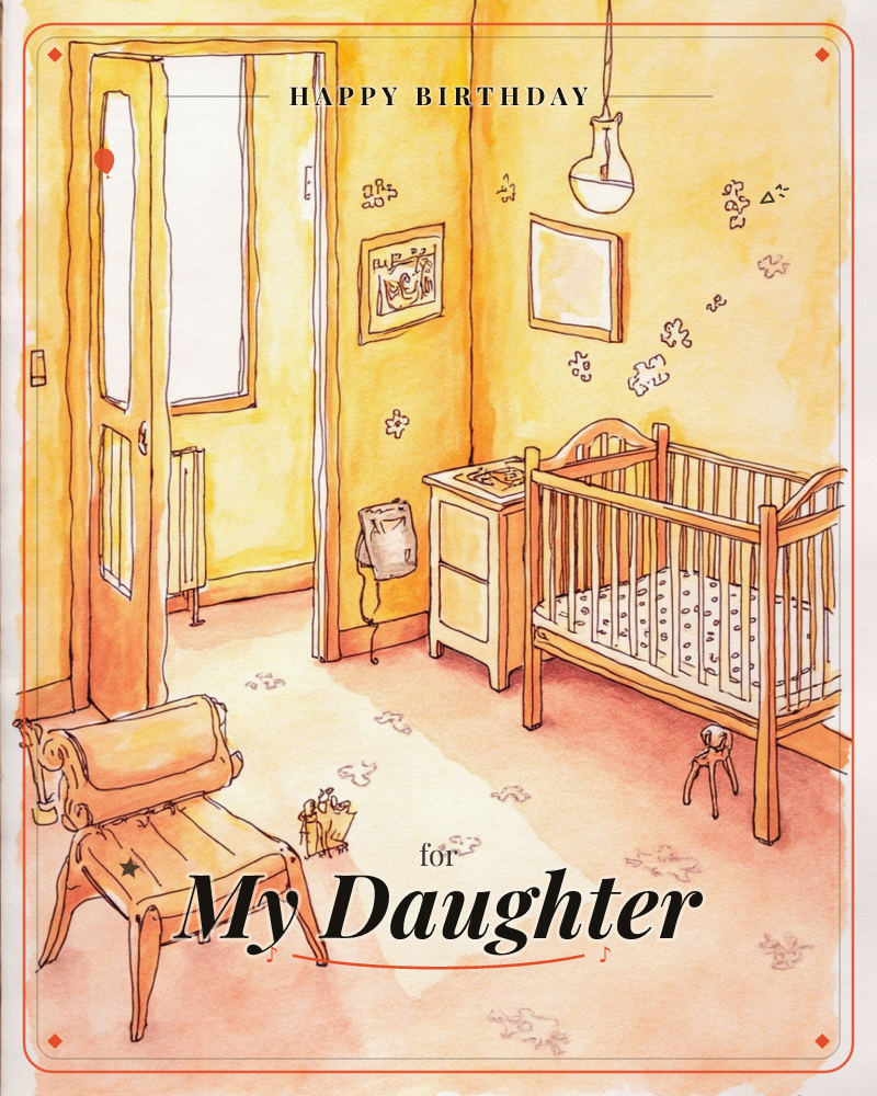 A sunlit nursery glows in warm amber tones, with a wooden crib and small dresser tucked against the wall beside a hanging pendant lamp, a birthday e-card design