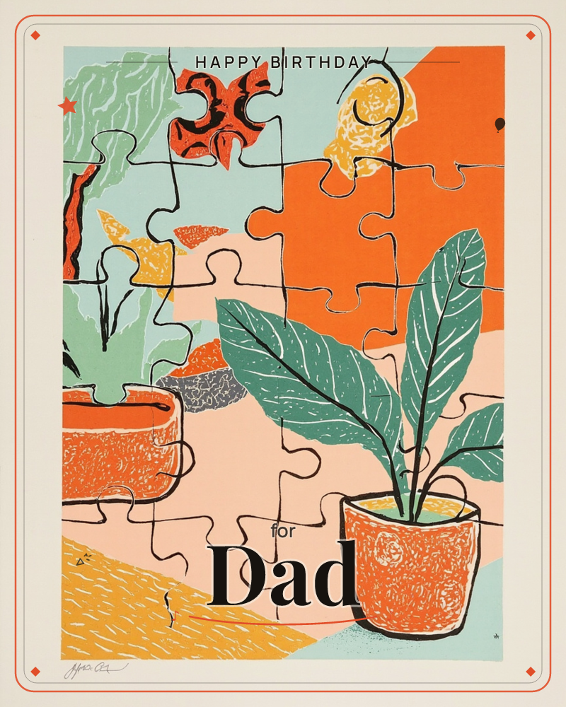 A jigsaw-puzzle pattern overlays a stylised still life of two potted plants, one leafy and tall in a burnt-orange pot, the other a smaller textured…, a birthday e-card design