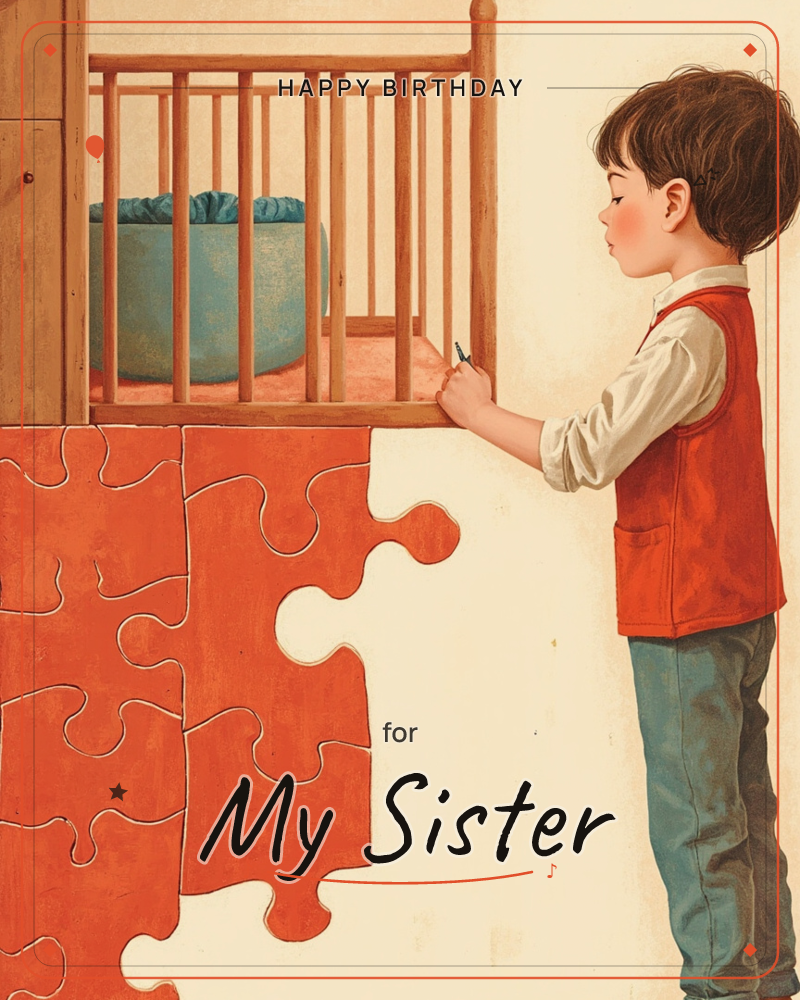 A young child in a red vest stands beside an empty wooden crib, holding a small tool as if marking or fixing something on its frame, a birthday e-card design