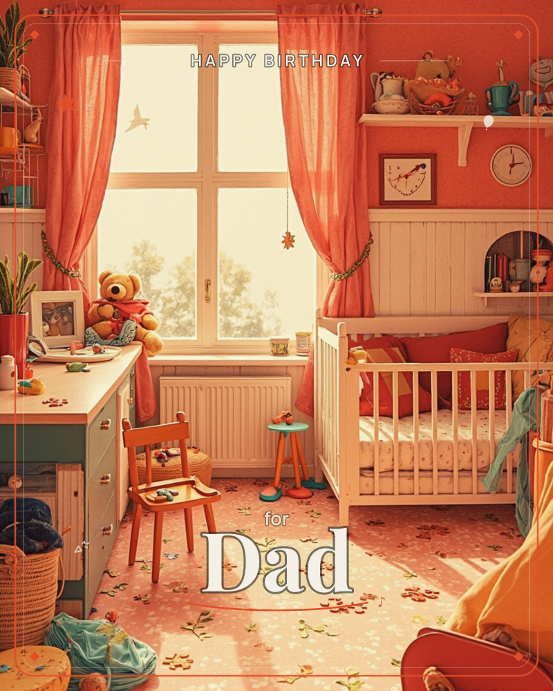A cosy nursery glows in warm afternoon light, with coral curtains framing a tall window and a white crib piled with cushions on one side, a birthday e-card design