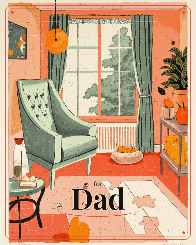 A cosy sitting room is rendered like an unfinished jigsaw puzzle, with pieces still missing from the rug and walls, a birthday e-card design