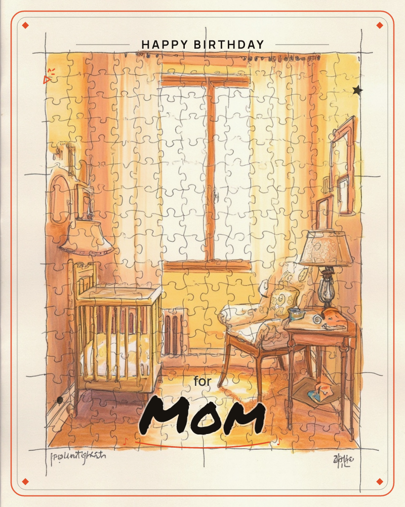 A warm, sunlit nursery rendered as a jigsaw puzzle, with a wooden crib and armchair sitting beneath a tall curtained window, a birthday e-card design