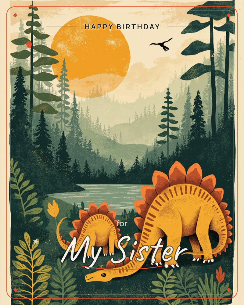 A prehistoric forest glows under a huge orange sun as two stegosauruses, one large and one small, graze beside a quiet river, a birthday e-card design