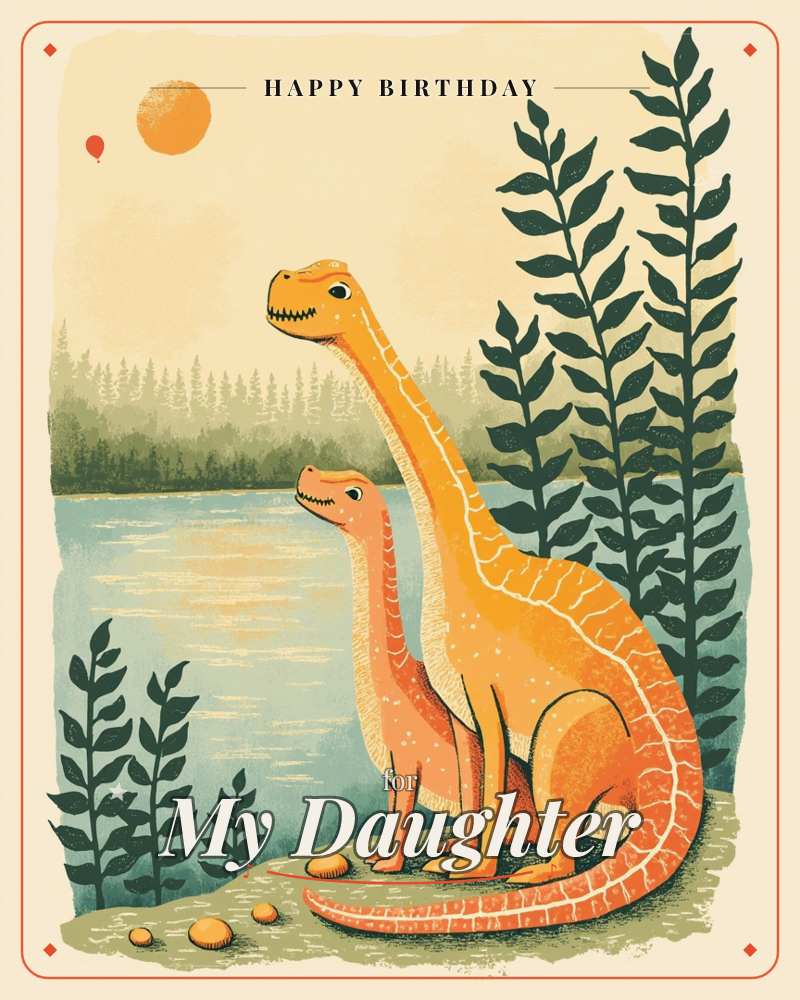 Two long-necked dinosaurs, one larger and one smaller, stand side by side on a grassy lakeshore gazing up at an orange sun, a birthday e-card design