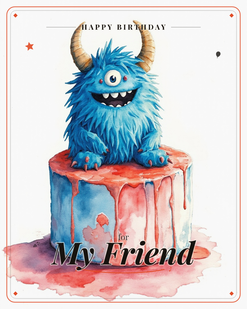 A shaggy blue one-eyed monster with curved horns and a toothy grin perches on top of a round frosted cake, its clawed paws gripping the melting pink…, a birthday e-card design
