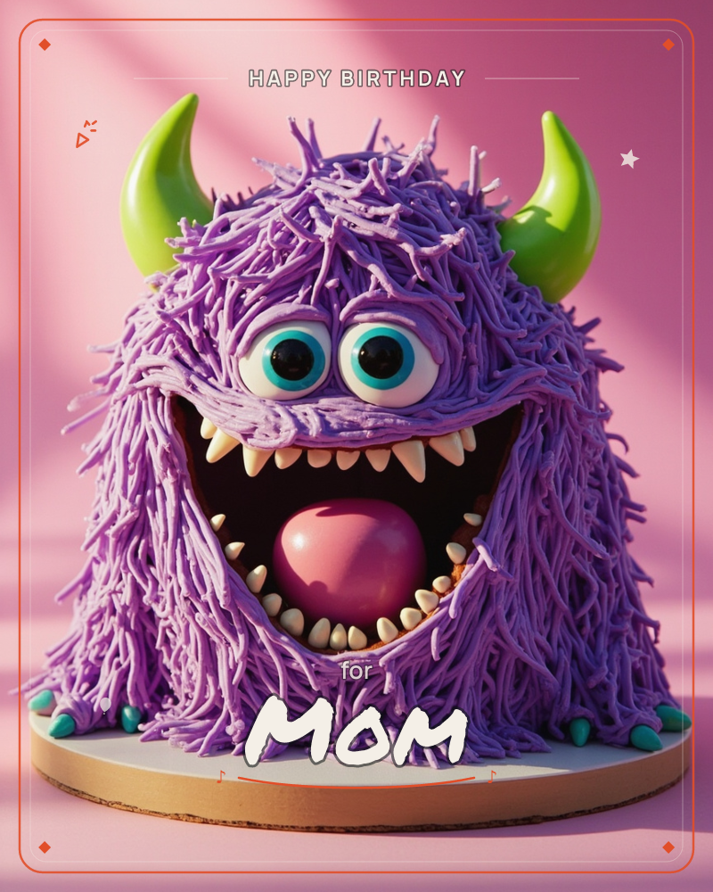 A shaggy purple monster cake sits on a gold board against a pink backdrop, covered in fine spaghetti-like frosting fur and topped with glossy green horns, a birthday e-card design