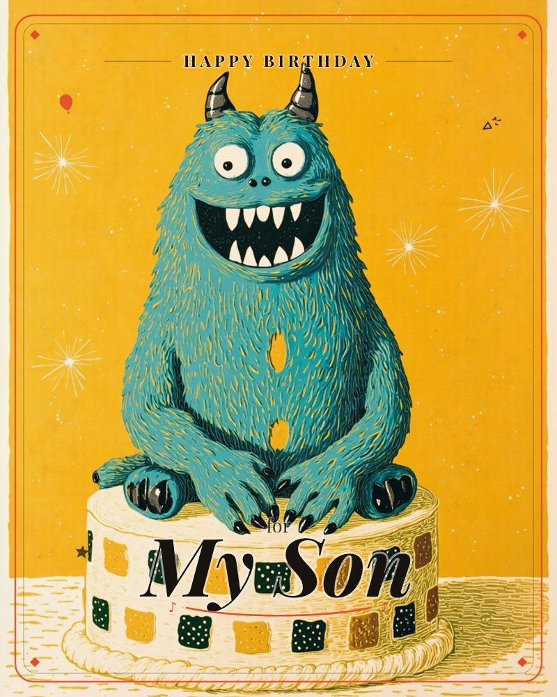 A shaggy teal monster with curved horns and a toothy grin perches on top of a round frosted cake decorated with a checkerboard of gold and green squares, a birthday e-card design