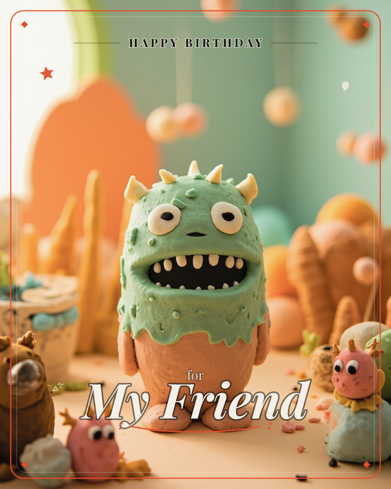 A pudgy green clay monster with wobbly eyes, tiny yellow horns and a mouthful of crooked teeth stands centre stage in a claymation-style world, a birthday e-card design
