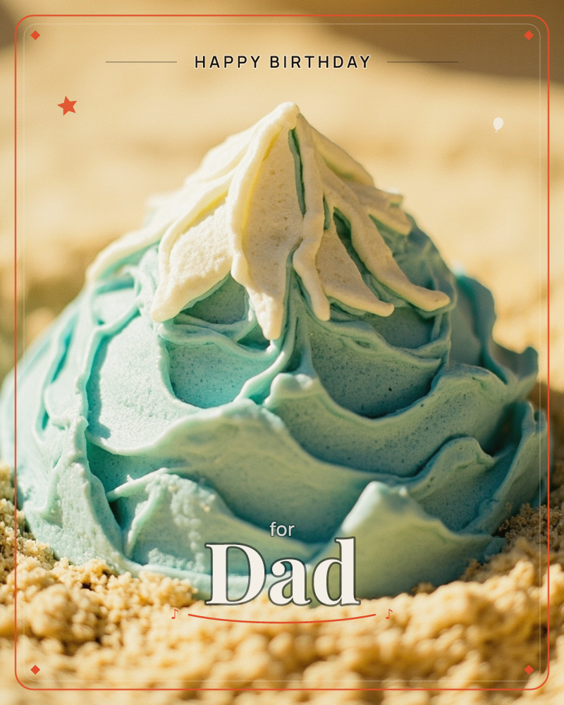 A close-up of a swirled dessert shaped like a small mountain, piped in soft aqua-blue frosting with a crown of pale cream peaks, resting on a bed of…, a birthday e-card design