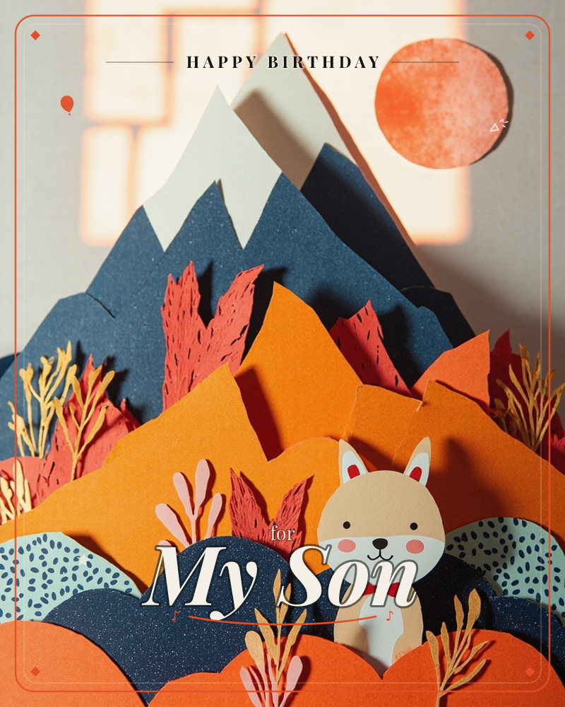 A layered paper-craft diorama shows a cheerful fox with a red bow tie peeking out from an orange hillside beneath jagged navy mountains capped with snow, a birthday e-card design