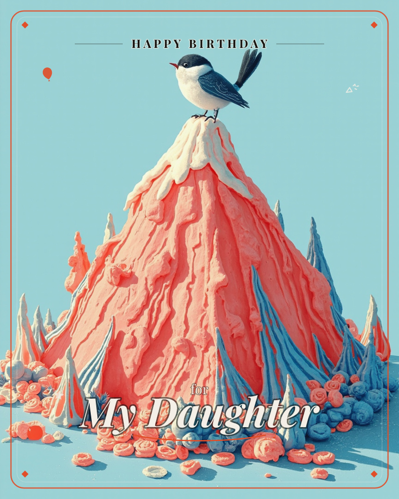 A small black-and-white bird perches on the snowy peak of a coral-pink, textured mountain that looks almost like piped frosting, a birthday e-card design