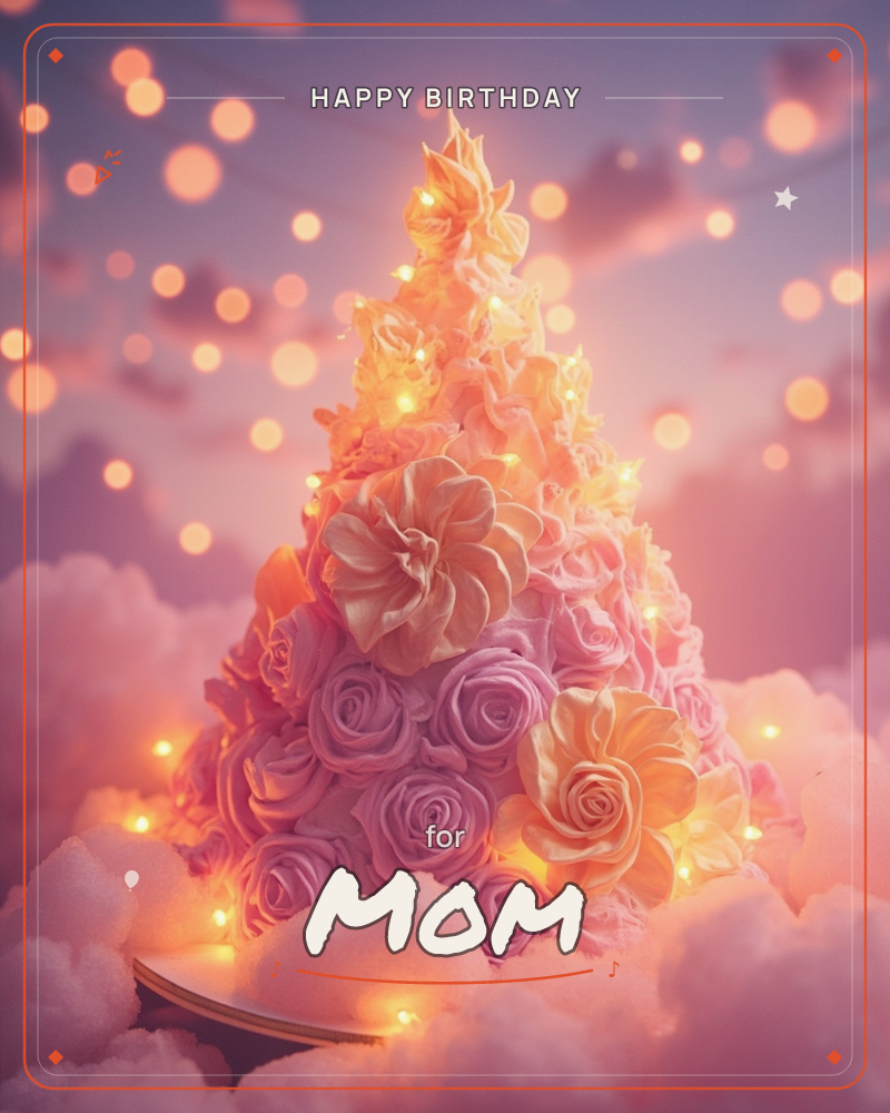 A cone-shaped tree built entirely of roses in blush pink and buttery gold rises from a bank of soft, cloud-like fluff, threaded with tiny glowing fairy…, a birthday e-card design