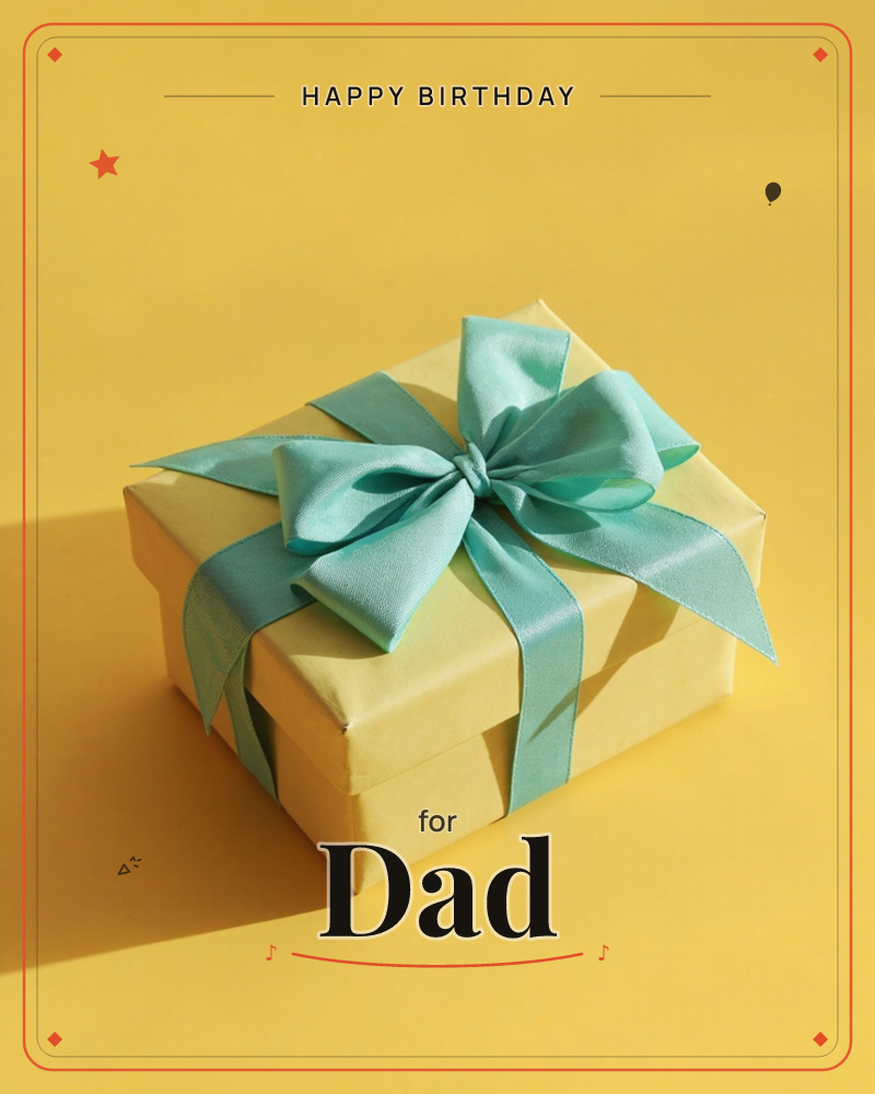 A single square present wrapped in pale yellow paper sits centred on a bold mustard-yellow backdrop, topped with a glossy aqua satin ribbon tied into a…, a birthday e-card design