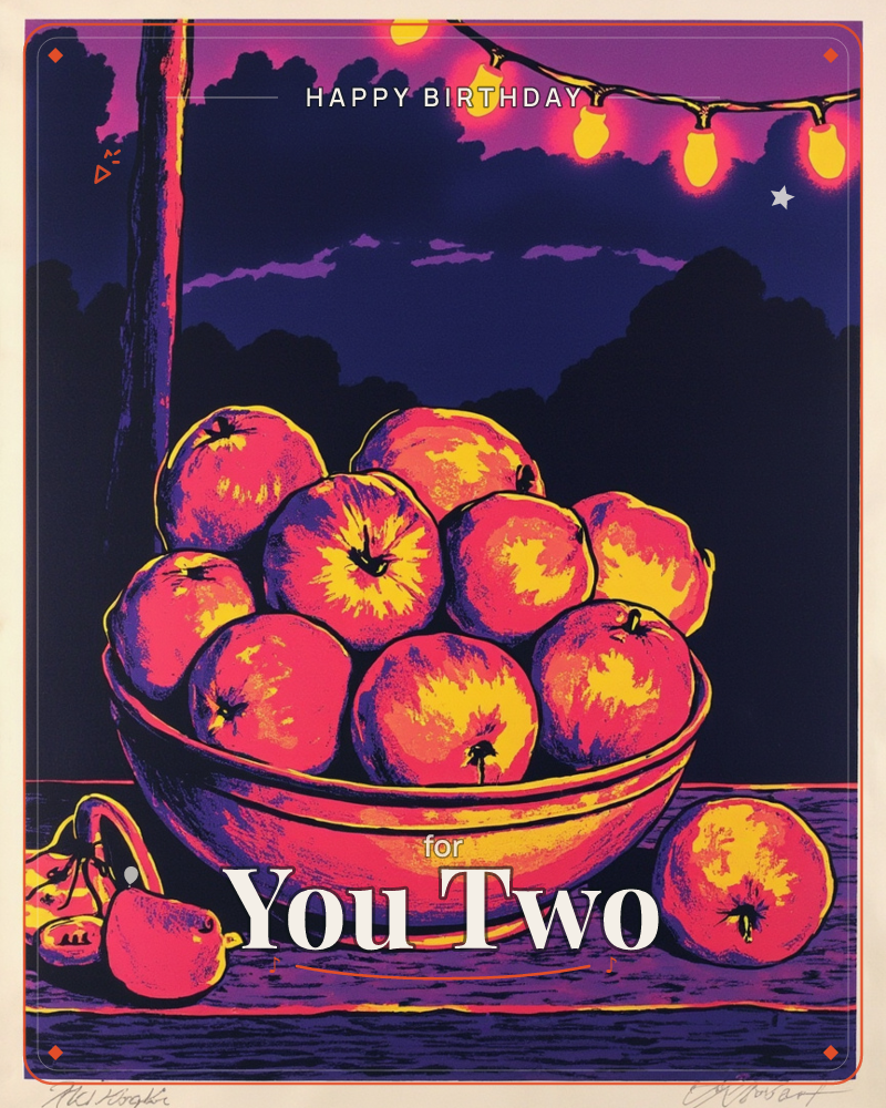 A bowl piled high with glowing pink and yellow apples sits on an outdoor table at dusk, a string of party lights strung overhead against a deep purple…, a birthday e-card design