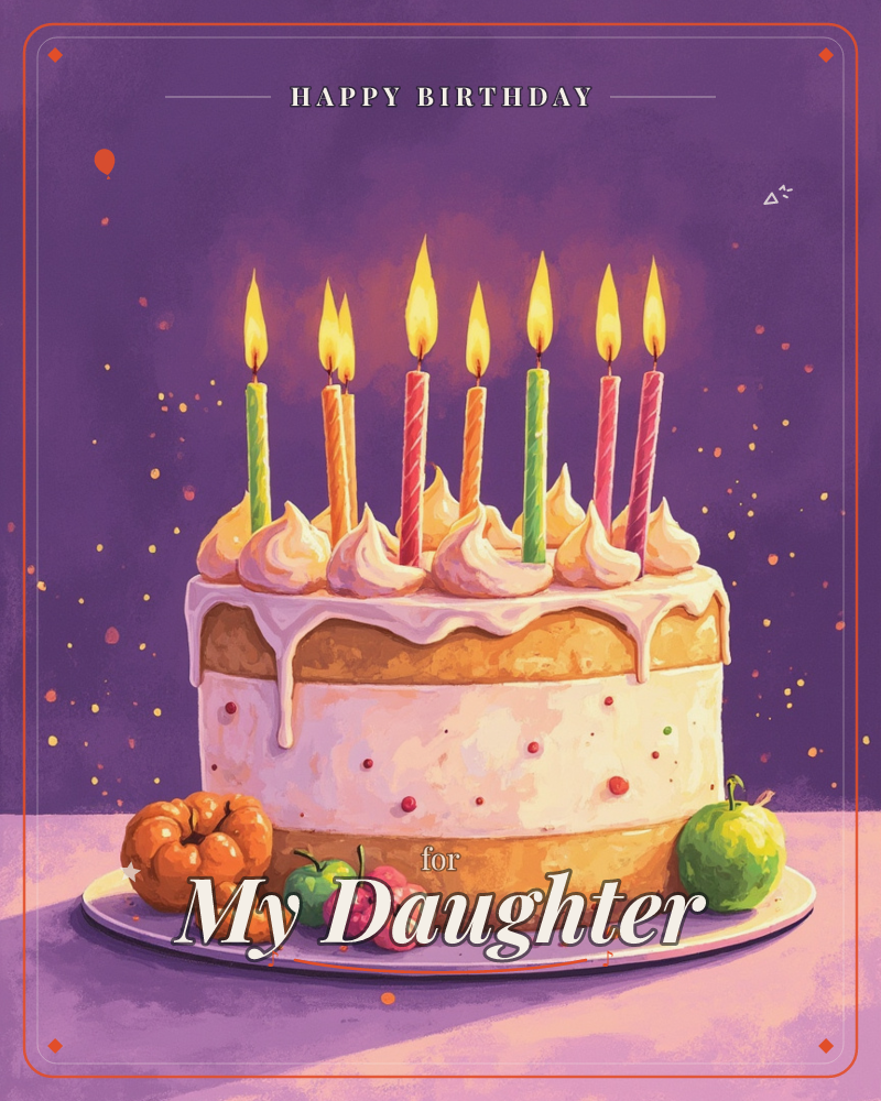 A round frosted cake sits on a plate with seven lit candles in green, orange and pink, their flames glowing against a deep purple background flecked…, a birthday e-card design