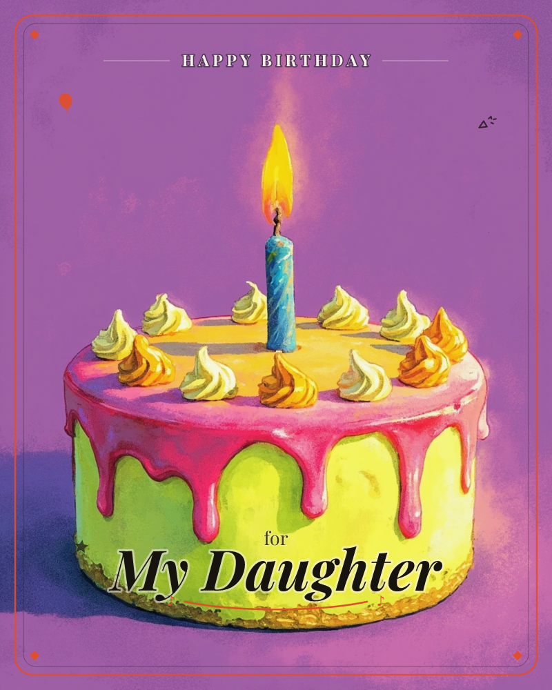 A round cake glows against a deep purple background, its lime-green sides dripping with hot pink icing and a ring of golden piped swirls circling the top, a birthday e-card design