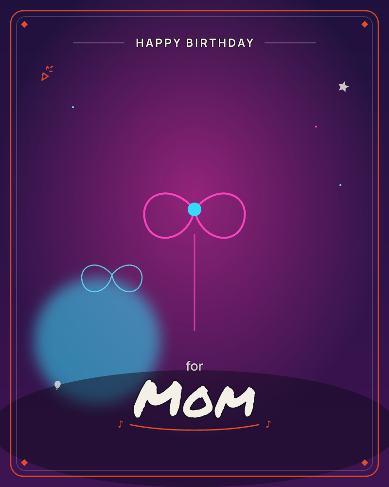 A neon pink bow glows against a deep purple night sky, its ribbon trailing down toward a dark curved horizon, a birthday e-card design by @DittyCityTeam