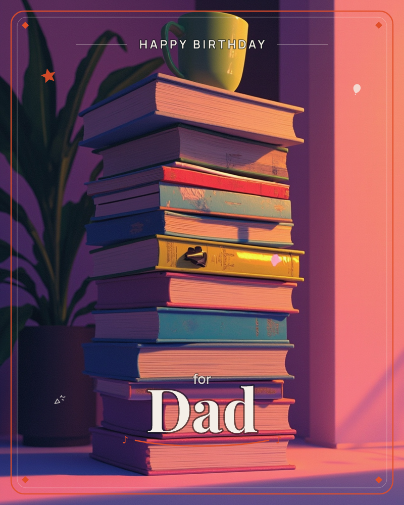 A tall, teetering stack of hardcover books rises beside a leafy potted plant, topped with a single yellow mug catching the last of the light, a birthday e-card design