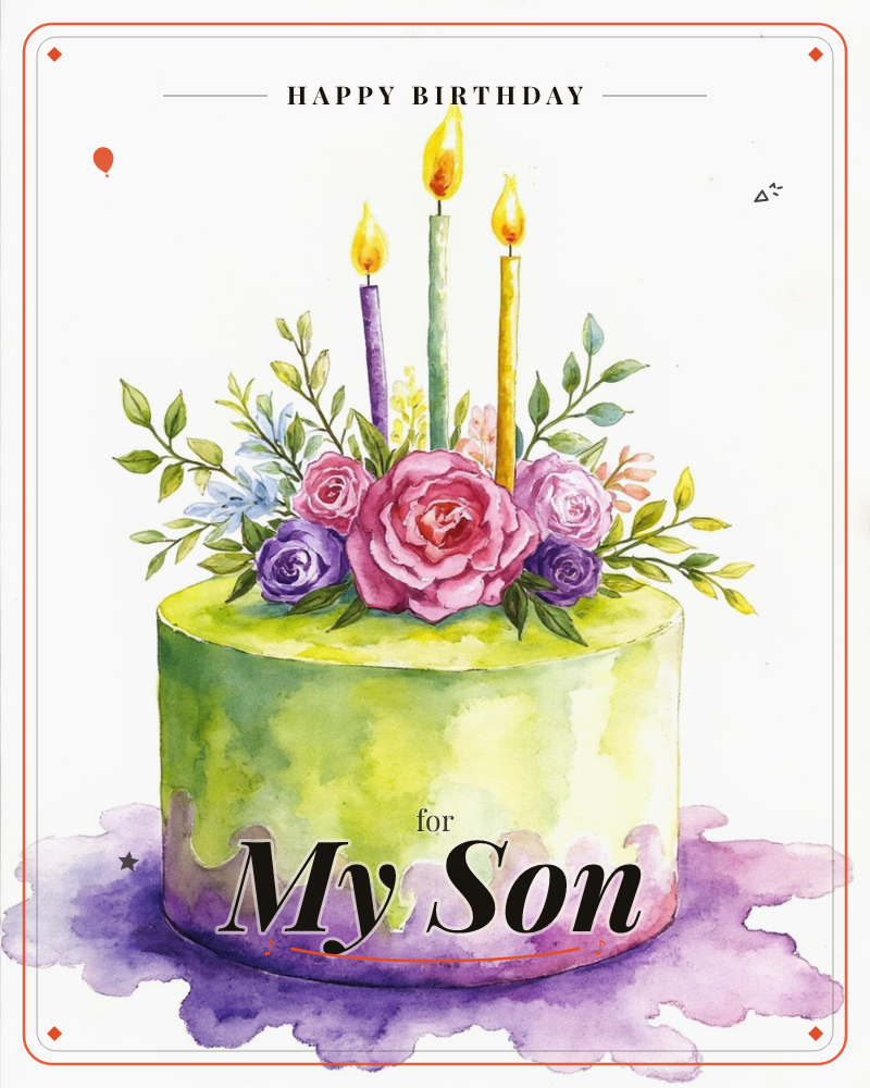 A round watercolour birthday cake glows in soft green-gold icing with a violet drip pooling down its sides onto the surface below, a birthday e-card design