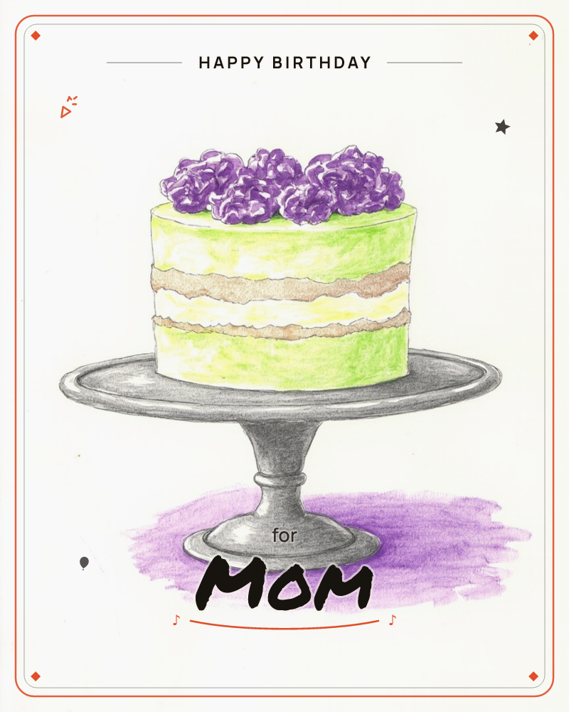 A layered cake with pale green frosting and visible golden crumb sits on a dark pewter cake stand, crowned with clusters of deep purple flowers, a birthday e-card design