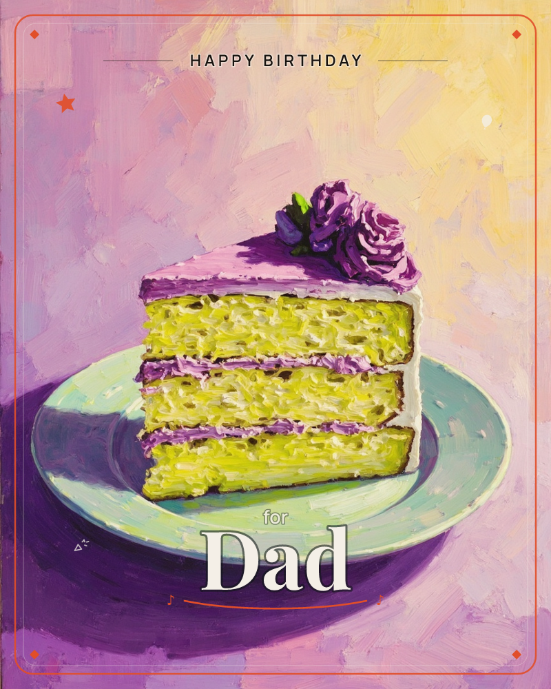 A thick slice of layered yellow cake sits on a pale mint plate, topped with lavender frosting and two purple sugar roses, a birthday e-card design
