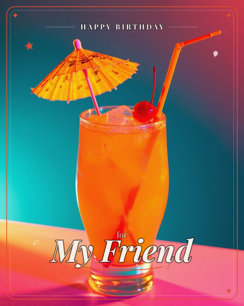 A tall glass of orange cocktail glows against a neon teal-to-pink backdrop, topped with ice, a bright cherry, a bendy straw and a little paper umbrella, a birthday e-card design