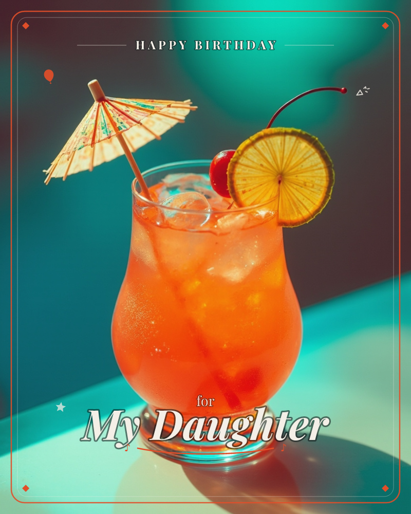 A tall glass of orange cocktail glows against a moody teal backdrop, ice cubes catching the light through condensation on the glass, a birthday e-card design