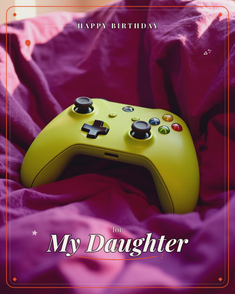 A bright yellow-green game controller rests nestled in the folds of a deep magenta duvet, its coloured buttons and black joysticks catching soft, warm…, a birthday e-card design