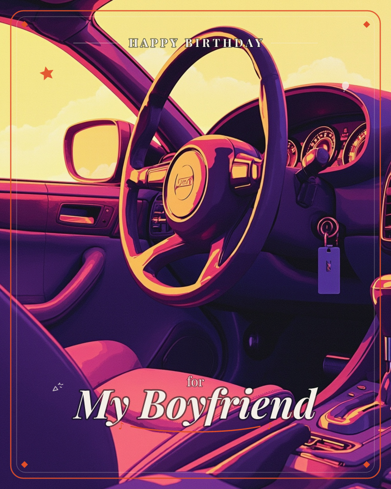 A car interior glows in warm sunset tones, with the steering wheel, dashboard dials, and gearshift bathed in golden-pink light against a deep purple cabin, a birthday e-card design