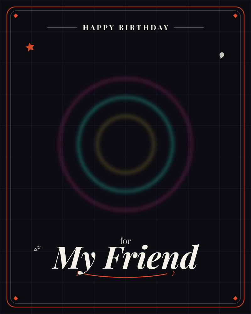 Three glowing neon rings, crimson, teal, and amber, sit nested inside each other against a near-black background marked with a faint grid, a birthday e-card design by @DittyCityTeam