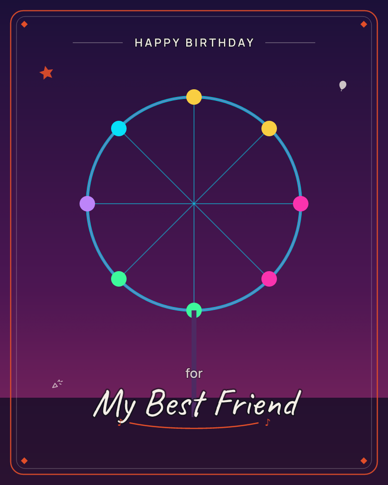 A glowing wheel of neon spokes hangs against a deep purple night sky, its rim studded with eight bright dots in cyan, gold, pink and green like tiny…, a birthday e-card design by @DittyCityTeam
