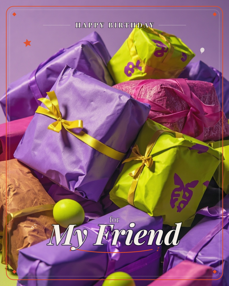 A stacked pile of wrapped presents fills the frame, wrapped in bold purple, chartreuse, pink and copper paper with satin ribbons and bows, a birthday e-card design