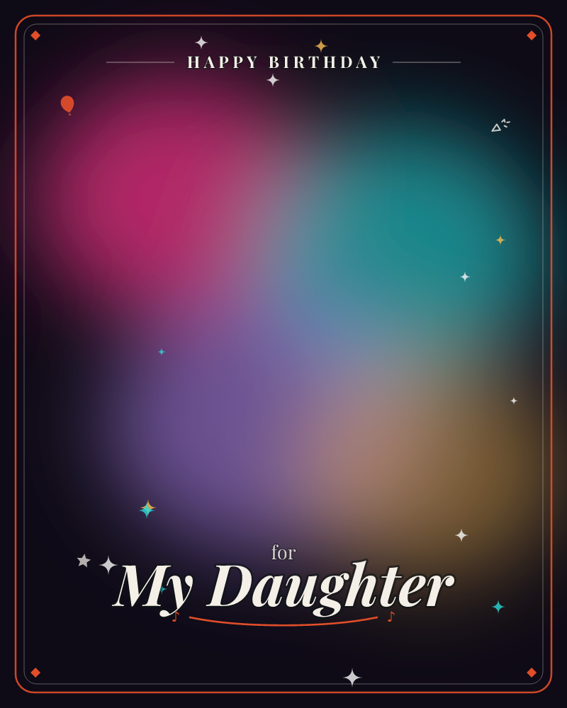 A soft glowing haze of colour drifts across a dark background, magenta pooling into teal and amber like an aurora seen through fog, a birthday e-card design by @DittyCityTeam