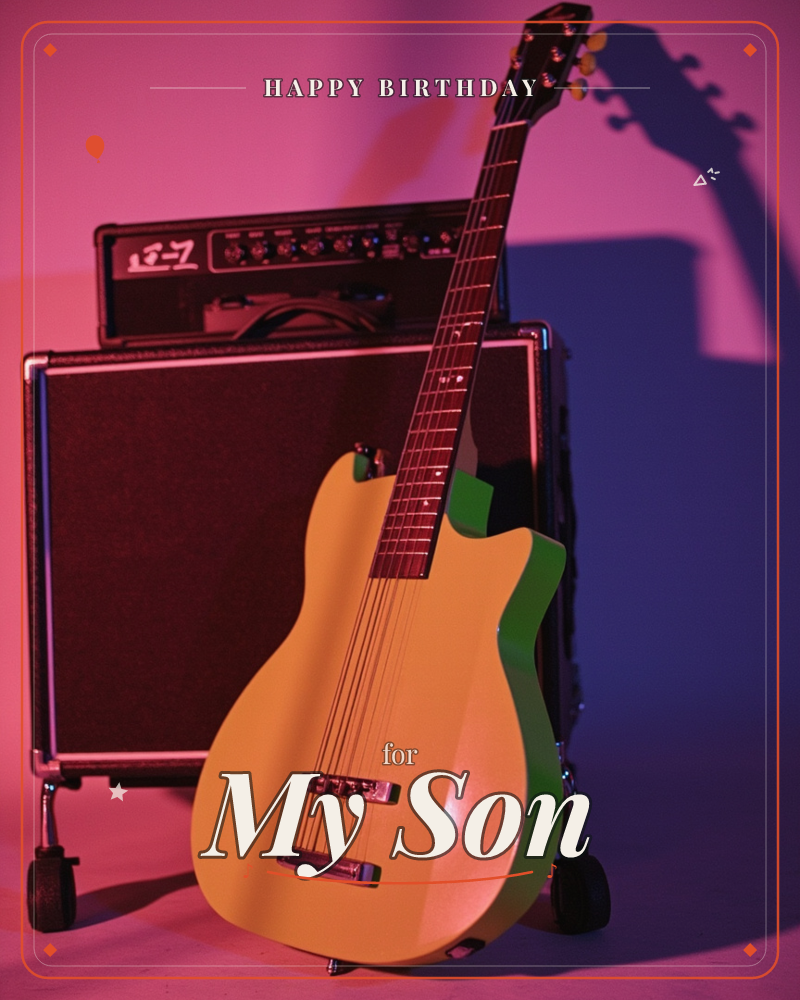 A single-cutaway electric guitar leans against a vintage tube amp head and cabinet, bathed in moody pink and purple stage lighting that throws a long…, a birthday e-card design