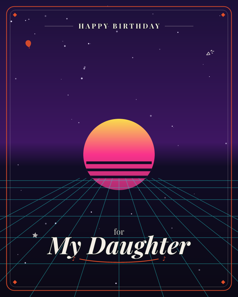 A retro synthwave sun hangs low on a glowing horizon, its gradient sliced by three dark bars, above a neon grid stretching into infinity, a birthday e-card design by @DittyCityTeam