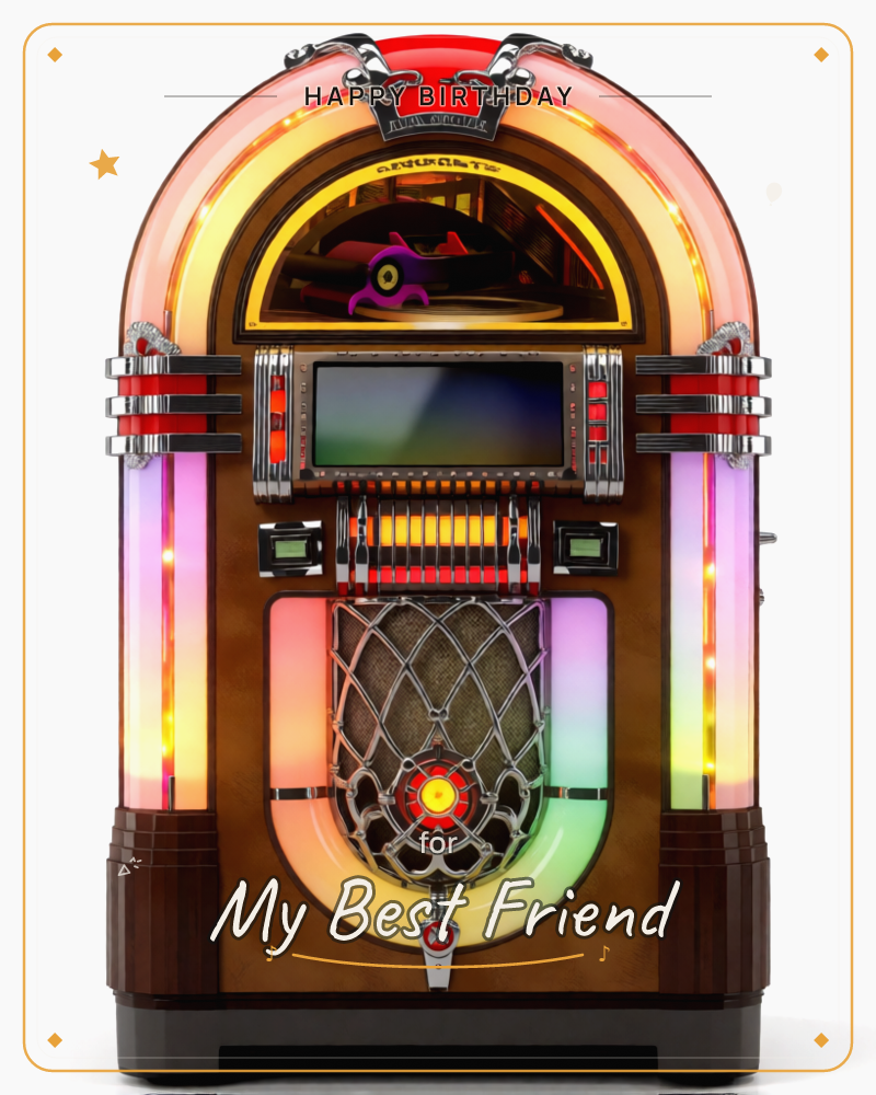 A vintage jukebox glowing red, gold, and green under soft neon light, warm wood and chrome gleaming in a quiet, nostalgic hush, a birthday e-card design
