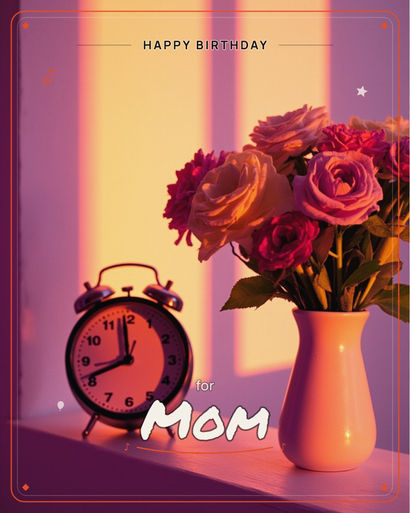 A vintage double-bell alarm clock and a vase of pink roses sit together on a windowsill, bathed in warm sunset light streaming through slatted blinds, a birthday e-card design